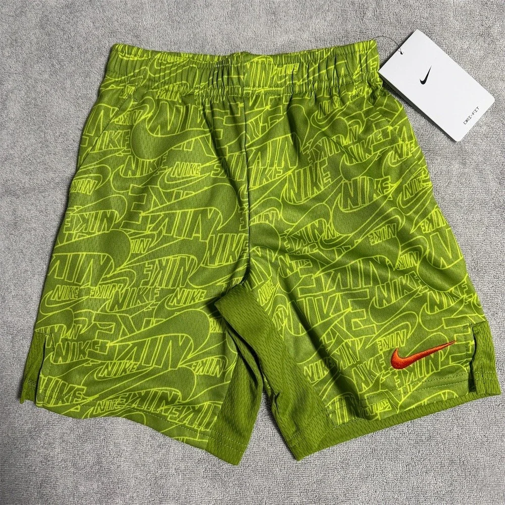 Nike Boys Athletic Shorts Size 6 Green Allover Logo Print Orange Swoosh